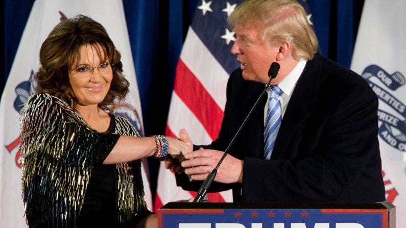 Trump shakes the hand of former Alaska Gov. Sarah Palin after <a href="index.php?page=&url=http%3A%2F%2Fwww.cnn.com%2F2016%2F01%2F19%2Fpolitics%2Fdonald-trump-endorsement-sarah-palin%2Findex.html" target="_blank">she endorsed him</a> in Ames, Iowa, on January 19, 2016. Palin was the GOP's vice presidential candidate in 2008.