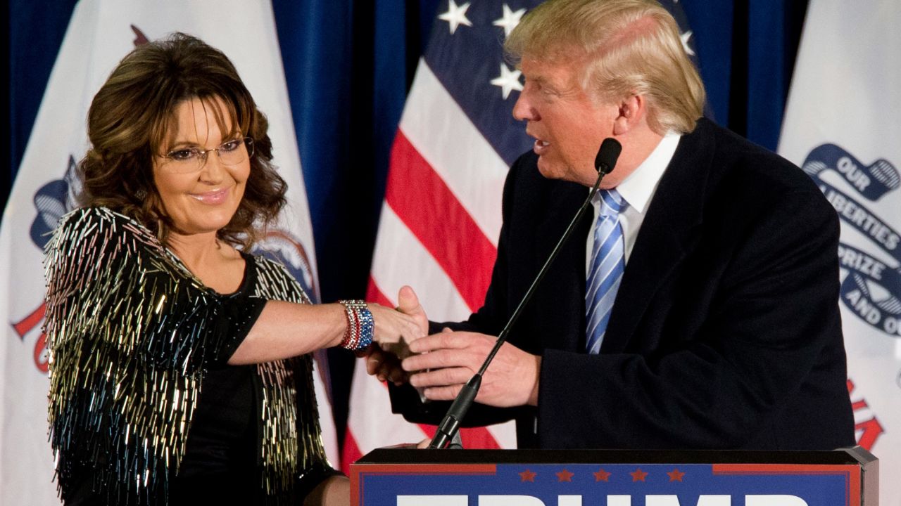 Trump shakes the hand of former Alaska Gov. Sarah Palin after <a href="http://www.cnn.com/2016/01/19/politics/donald-trump-endorsement-sarah-palin/index.html" target="_blank">she endorsed him</a> in Ames, Iowa, on January 19, 2016. Palin was the GOP's vice presidential candidate in 2008.