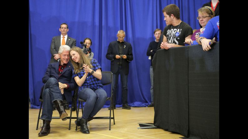 Former U.S. President Bill Clinton and his daughter, Chelsea, listen to Hillary Clinton speak in Cedar Rapids, Iowa, on January 30, 2016. Clinton <a href="index.php?page=&url=http%3A%2F%2Fwww.cnn.com%2F2016%2F02%2F01%2Fpolitics%2Fiowa-caucuses-2016-highlights%2F" target="_blank">went on to win the Iowa caucuses</a> by a razor-thin margin, edging Sanders by a few percentage points. Cruz won on the GOP side.