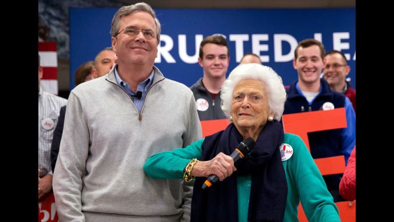 Former first lady Barbara Bush jokes with her son Jeb while <a href="index.php?page=&url=http%3A%2F%2Fwww.cnn.com%2F2016%2F02%2F04%2Fpolitics%2Fbarbara-bush-jeb-2016-election%2F" target="_blank">introducing him at a town-hall meeting</a> in Derry, New Hampshire, on February 4, 2016.