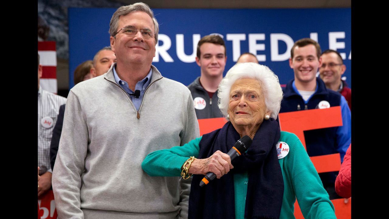 Former first lady Barbara Bush jokes with her son Jeb while <a href="http://www.cnn.com/2016/02/04/politics/barbara-bush-jeb-2016-election/" target="_blank">introducing him at a town-hall meeting</a> in Derry, New Hampshire, on February 4, 2016.