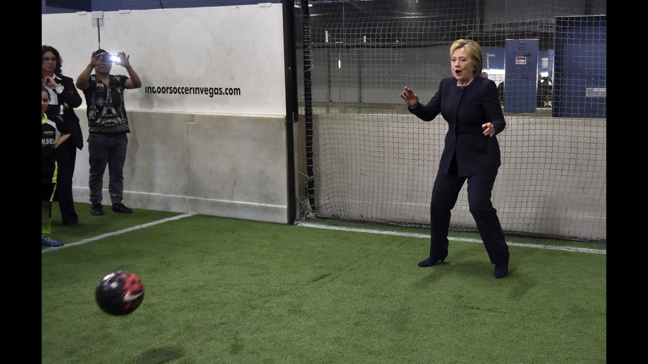 Clinton plays goalie during a campaign stop at an indoor-soccer center in Las Vegas on February 13, 2016. After her loss in New Hampshire, Clinton rebounded to win the Nevada primary on February 20.