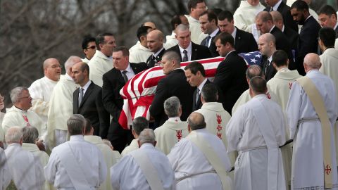 Pallbearers carry the flag-covered casket of Supreme Court Justice Antonin Scalia during his funeral in Washington on February 20, 2016. The vacancy left by Scalia's death -- and when and how to fill it -- <a href="http://www.cnn.com/2015/09/11/politics/supreme-court-2016-election/" target="_blank">added another hot-button topic</a> to the presidential campaign.
