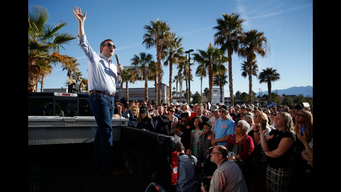 Cruz speaks from a truck bed at a rally in Pahrump, Nevada, on February 21, 2016.