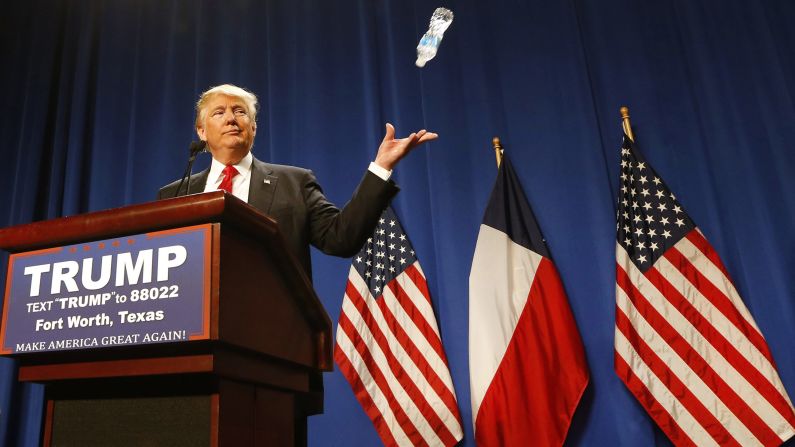 Trump tosses a water bottle while speaking to supporters in Fort Worth, Texas, on February 26, 2016. <a href="index.php?page=&url=http%3A%2F%2Fwww.cnn.com%2Fvideos%2Fpolitics%2F2016%2F02%2F26%2Fdonald-trump-marco-rubio-water-state-of-the-union.cnn" target="_blank">He was mocking Rubio's 2013 State of the Union response,</a> where Rubio took a sip of water mid-speech.