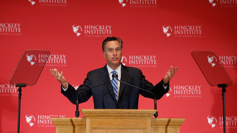 Former Massachusetts Gov. Mitt Romney gives a speech about the state of the Republican Party during a forum at the University of Utah on March 3, 2016. Romney <a href="index.php?page=&url=http%3A%2F%2Fwww.cnn.com%2F2016%2F03%2F03%2Fpolitics%2Fmitt-romney-presidential-race-speech%2Findex.html" target="_blank">went after Trump, </a>calling the GOP front-runner a phony and a fraud. Trump hit back by mocking Romney's loss in the 2012 presidential election and saying that Romney back then "was begging for my endorsement."