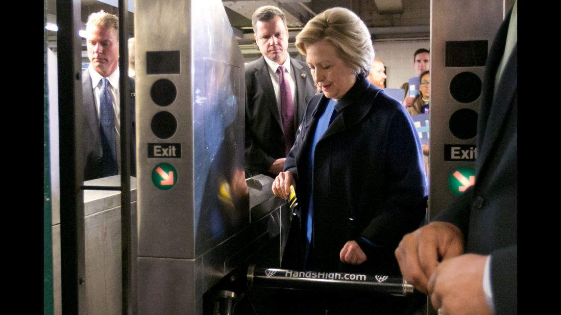 Clinton swipes a MetroCard to ride the subway in New York on April 7, 2016. The sight of her riding the rails <a href="http://www.cnn.com/2016/04/07/politics/hillary-clinton-subway/" target="_blank">looked out of place</a> for a candidate more used to riding in a Secret Service-protected van and private plane.
