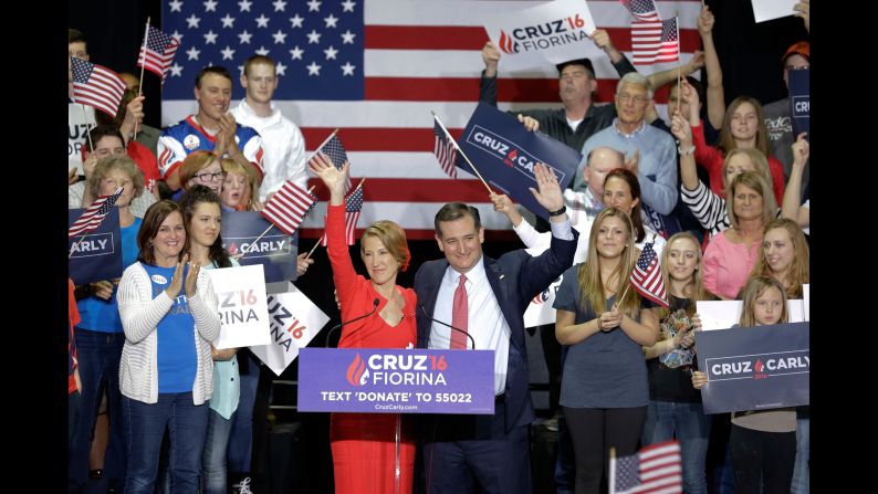 Cruz waves with Fiorina after <a href="index.php?page=&url=http%3A%2F%2Fwww.cnn.com%2F2016%2F04%2F27%2Fpolitics%2Fted-cruz-carly-fiorina-vice-president%2F" target="_blank">naming her as his running mate</a> on April 27, 2016. Cruz was trying to regain momentum after it became mathematically impossible for him to win the nomination outright. Fiorina had ended her own presidential run in February.