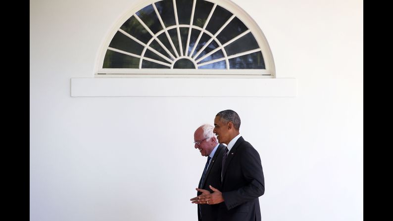 Sanders walks with U.S. President Barack Obama at the White House on June 9, 2016. The two met for more than an hour. When it was over, Sanders <a href="index.php?page=&url=http%3A%2F%2Fwww.cnn.com%2F2016%2F06%2F09%2Fpolitics%2Fbernie-sanders-washington%2F" target="_blank">vowed to work with Clinton.</a> Obama also formally endorsed Clinton.