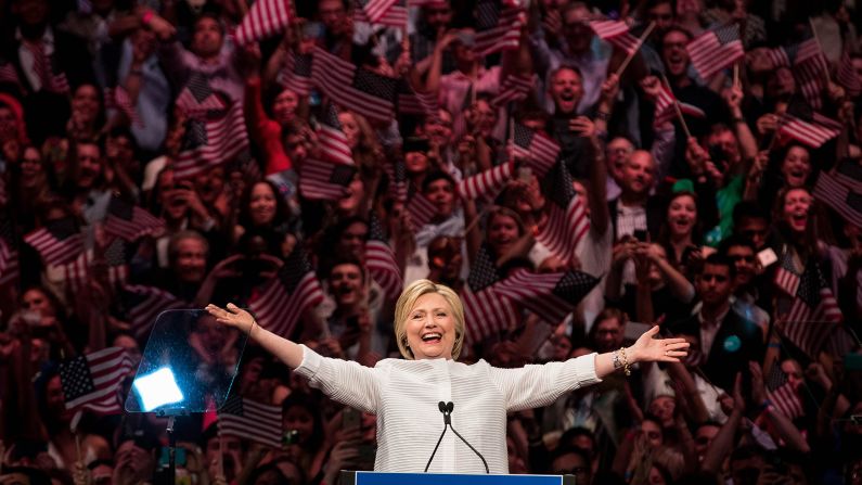 Clinton arrives to a primary night rally in New York on June 7, 2016. A day earlier, she had secured enough delegates <a href="index.php?page=&url=http%3A%2F%2Fwww.cnn.com%2F2016%2F06%2F06%2Fpolitics%2Fhillary-clinton-nomination-2016%2F" target="_blank">to become the Democratic Party's presumptive nominee. </a>