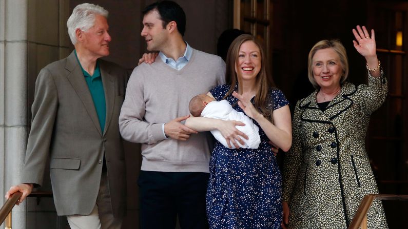 Chelsea Clinton holds her newborn son, Aidan Clinton Mezvinsky, as she leaves a New York hospital with her husband, Marc, and her parents on June 20, 2016. It's the <a href="index.php?page=&url=http%3A%2F%2Fwww.cnn.com%2F2016%2F06%2F18%2Fpolitics%2Fchelsea-clinton-son-aidan-clinton-mezvinsky%2F" target="_blank">second grandchild</a> for Bill and Hillary Clinton.
