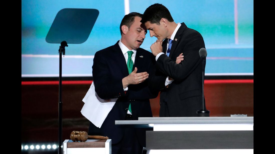 House Speaker Paul Ryan, right, talks with Reince Priebus, the chairman of the Republican National Committee, as Priebus <a href="http://www.cnn.com/2016/07/19/politics/alaska-delegates-donald-trump/index.html" target="_blank">explains Alaska's votes</a> on the second day of the Republican National Convention. Trump shared Alaska's delegates after the state's caucuses on March 1, but a little-known rule allowed him to receive all of them at the convention.