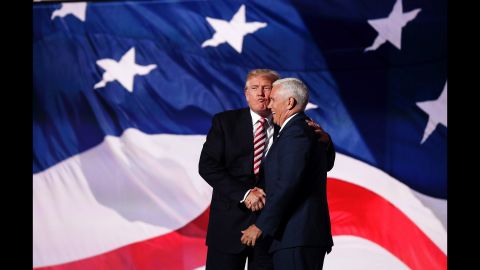 Trump <a href="http://www.cnn.com/2016/07/21/politics/donald-trump-mike-pence-air-kiss/index.html" target="_blank">gives an "air kiss"</a> to his running mate, Indiana Gov. Mike Pence, after Pence's speech at the convention on July 20, 2016.