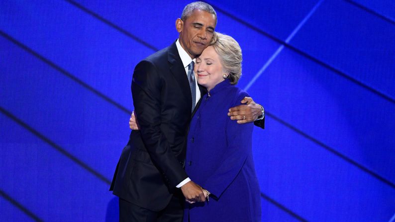 President Obama hugs Clinton <a href="index.php?page=&url=http%3A%2F%2Fwww.cnn.com%2F2016%2F07%2F27%2Fpolitics%2Fpresident-obama-democratic-convention-speech%2F" target="_blank">after speaking at the convention</a> on July 27, 2016. Obama told the crowd that Clinton is ready to be commander in chief. "For four years, I had a front-row seat to her intelligence, her judgment and her discipline," he said, referring to Clinton's stint as secretary of state.