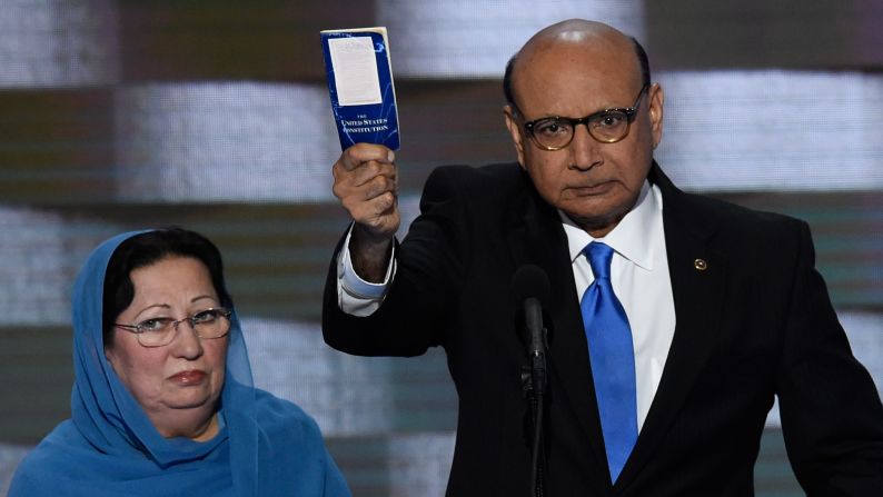 Khizr Khan<a href="index.php?page=&url=http%3A%2F%2Fwww.cnn.com%2F2016%2F07%2F29%2Fpolitics%2Fmuslims-moment-khan%2Findex.html" target="_blank"> holds his personal copy of the U.S. Constitution</a> as he speaks at the Democratic National Convention on July 28, 2016. Khan's son, U.S. Army Capt. Humayun Khan, was killed in 2004 while serving in Afghanistan. "If it was up to Donald Trump," Khan said, "(my son) never would have been in America. ... Donald Trump, you are asking Americans to trust you with our future. Let me ask you: Have you even read the U.S. Constitution? I will gladly lend you my copy."