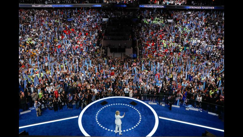Clinton waves after<a href="index.php?page=&url=http%3A%2F%2Fwww.cnn.com%2F2016%2F07%2F28%2Fpolitics%2Fhillary-clinton-dem-convention-speech%2F" target="_blank"> her speech</a> on the final day of the Democratic National Convention. She officially became the first woman to lead the ticket of a major political party. "When there are no ceilings," she said, "the sky's the limit."