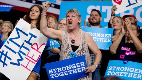 A Clinton supporter cheers at a rally in Tampa, Florida, on September 6, 2016.