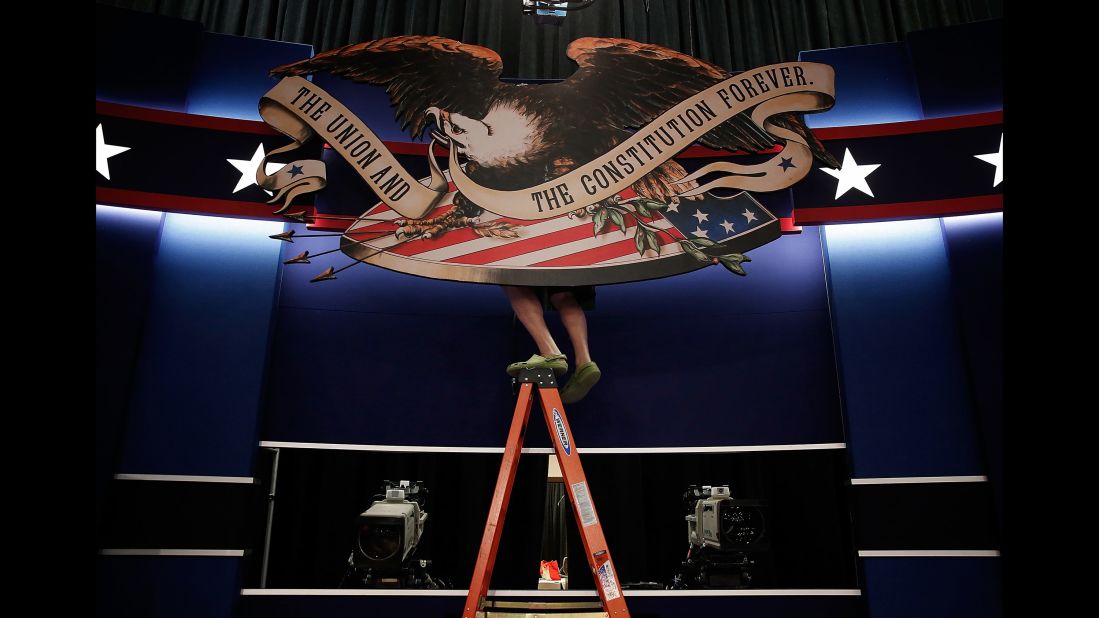 Workers prepare the stage for <a href="http://www.cnn.com/2016/10/09/politics/gallery/second-presidential-debate/index.html" target="_blank">the second presidential debate,</a> which took place in St. Louis on October 7, 2016.