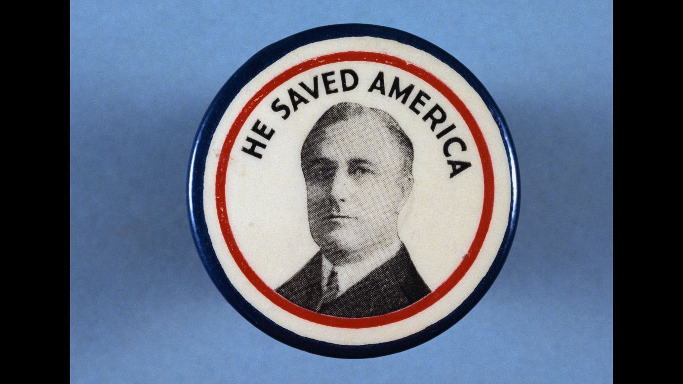 During his first term, Franklin D. Roosevelt mitigated the disastrous effects of the Great Depression with a series of programs and reforms collectively known as the New Deal. In 1936 -- the campaign this button was from -- Roosevelt defeated Alf Landon in a landslide. Roosevelt was also re-elected in 1940 and 1944.