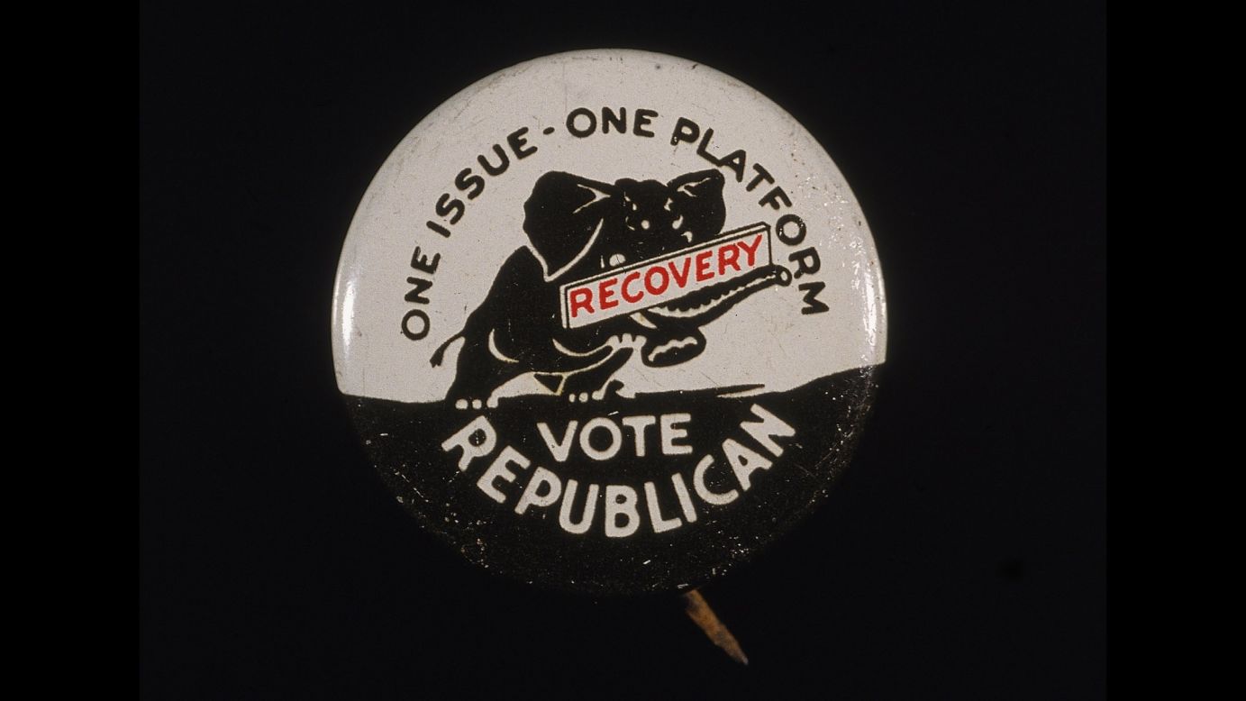 A campaign button for President Herbert Hoover shows an elephant carrying a sign that says "recovery" in 1932. Hoover's administration failed to offset the devastating effects of the stock market crash of 1929, which plunged the country into the Great Depression, and Hoover was defeated by Democrat Franklin D. Roosevelt.