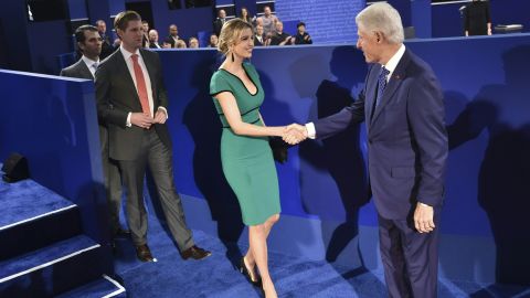 Bill Clinton shakes hands with Ivanka Trump before the second presidential debate.