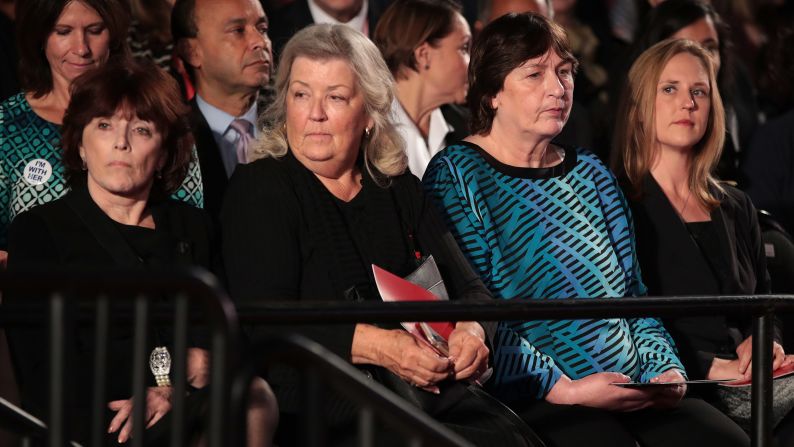Among those attending the second debate were, from left, Kathleen Willey, Juanita Broaddrick and Kathy Shelton. Less than two hours before the debate, those three -- along with Paula Jones -- <a href="index.php?page=&url=http%3A%2F%2Fwww.cnn.com%2F2016%2F10%2F09%2Fpolitics%2Fdonald-trump-juanita-broaddrick-paula-jones-facebook-live-2016-election%2Findex.html" target="_blank">appeared in a Trump news conference</a> to speak out against the Clintons. Willey, Broaddrick and Jones have previously accused Bill Clinton of inappropriate sexual behavior. Shelton's rapist was defended by Hillary Clinton as a young lawyer. That man was convicted of a lesser charge and served 10 months in jail.