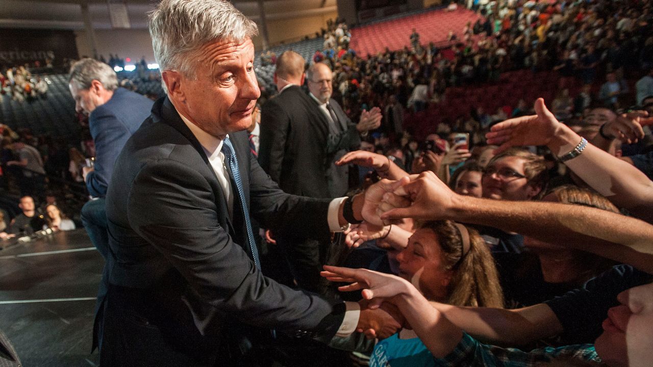Libertarian presidential candidate Gary Johnson shakes hands with supporters in Lynchburg, Virginia, on October 17, 2016.