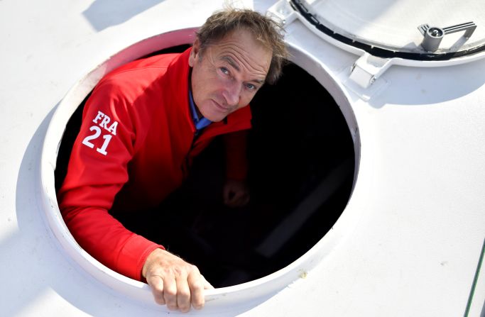 French skipper Bertrand de Broc on board his Imoca class monohull MACSF ahead of his fourth attempt at the Vendee Globe race. He was ninth in 2013 -- his only finish.