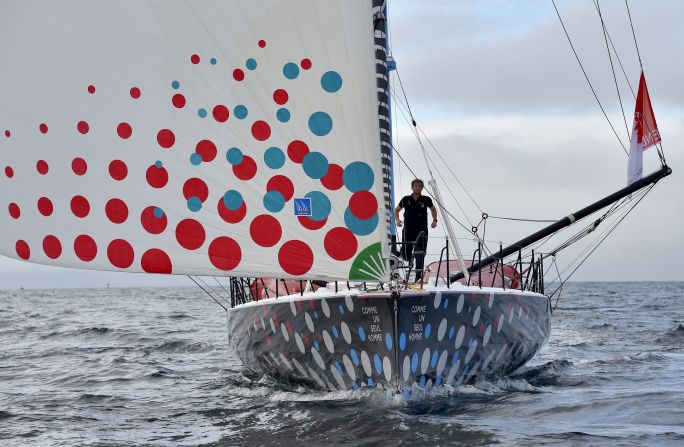 Eric Bellion in calm waters on his yacht Comme Un Seul Homme (Like a Lone Man) off the Port-la-Foret coast, western France. An experienced ocean racer, he is making his Vendee Globe debut.