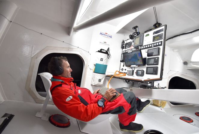 Frenchman Jeremie Beyou at the nerve center of  his Maitre Coq monohull off Lorient, western France. He has failed to finish the last two Vendee Globes.