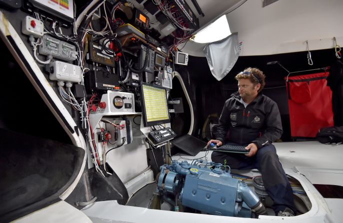 Arnaud Boissieres shows the sophisticated communications technology on his yacht La Mie Caline. The Frenchman is competing for the third successive Vendee Globe, having finished seventh and eighth previously. 