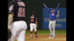 Chicago Cubs' Anthony Rizzo reacts after teammate Kris Bryant scored on Rizzo's hit during the fifth inning of Game 7 of the Major League Baseball World Series against the Cleveland Indians Wednesday, Nov. 2, 2016, in Cleveland. (AP Photo/David J. Phillip)