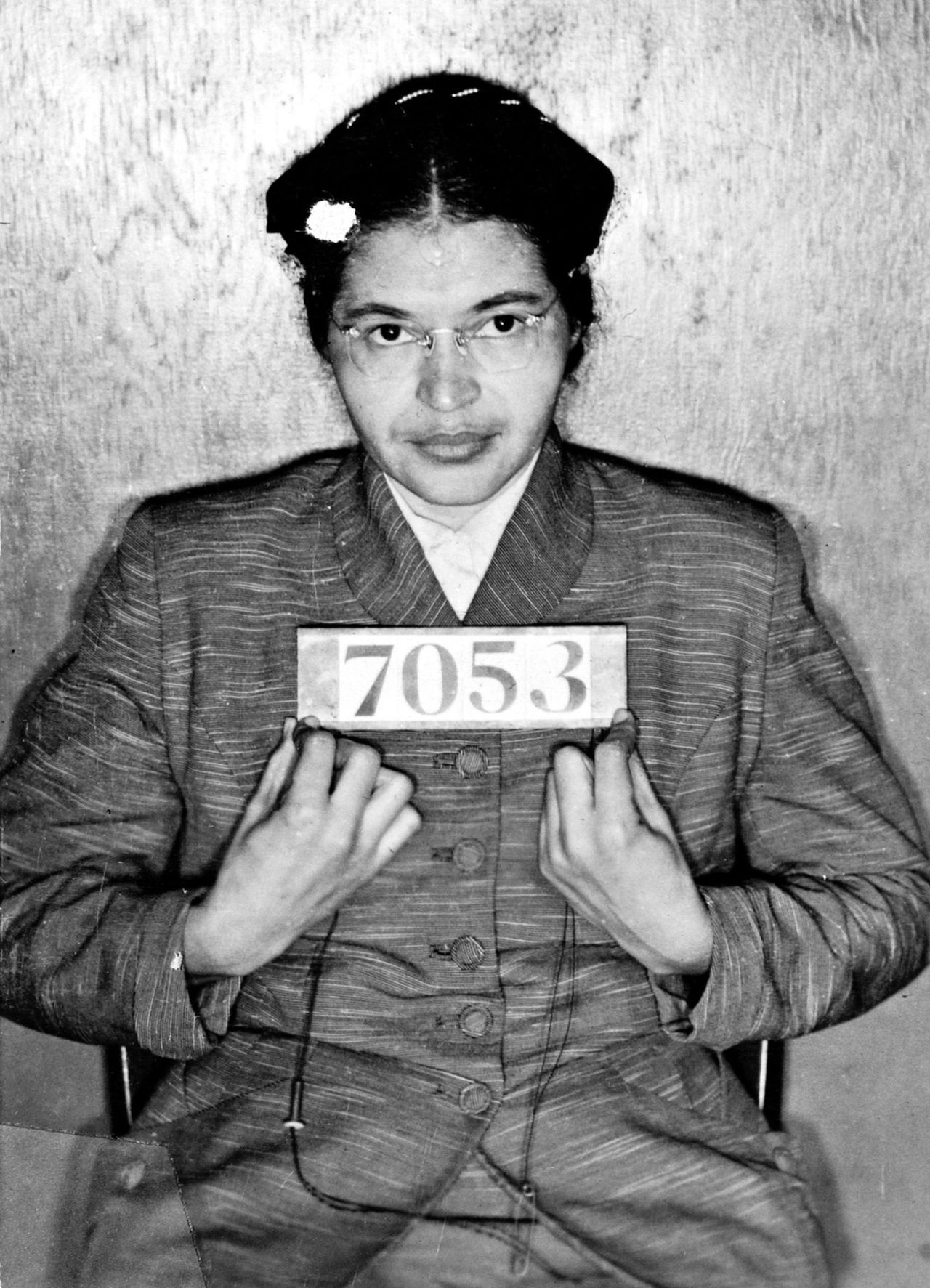 Booking photo taken at the time of Rosa Parks' arrest for refusing to give up her seat on a Montgomery, Alabama, bus to a white passenger on 1 December 1955. 