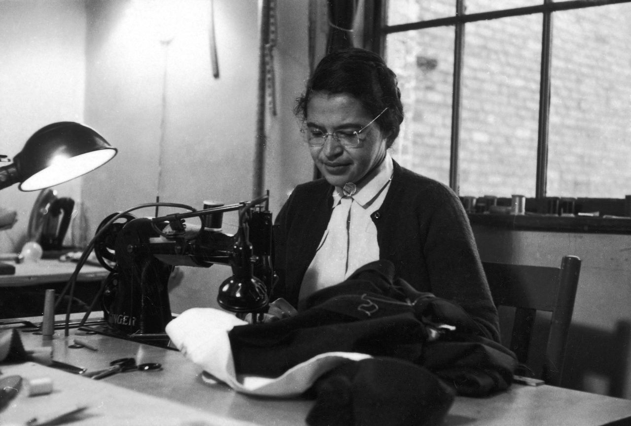 Rosa Parks at work as a seamstress, shortly after the beginning of the Montgomery bus boycott, Montgomery, Alabama, February 1956.
