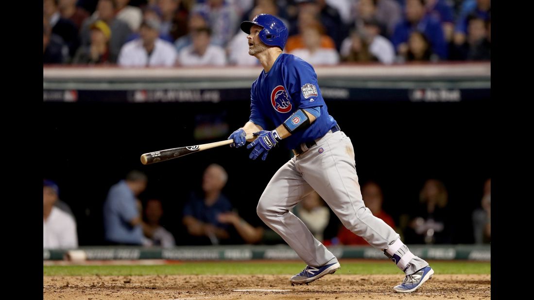 David Ross of the Cubs reacts after hitting a solo home run during the sixth inning in Game 7.