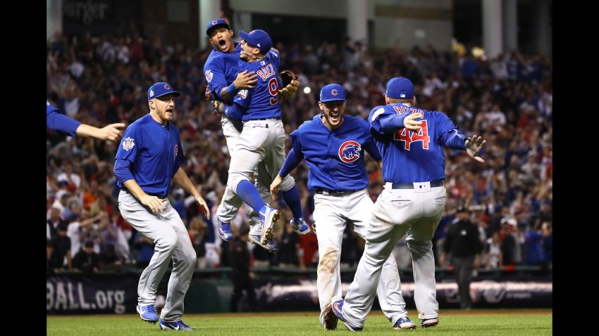 CLEVELAND, OH - NOVEMBER 02:  The Chicago Cubs celebrate after winning 8-7 in Game Seven of the 2016 World Series at Progressive Field on November 2, 2016 in Cleveland, Ohio.  (Photo by Ezra Shaw/Getty Images)