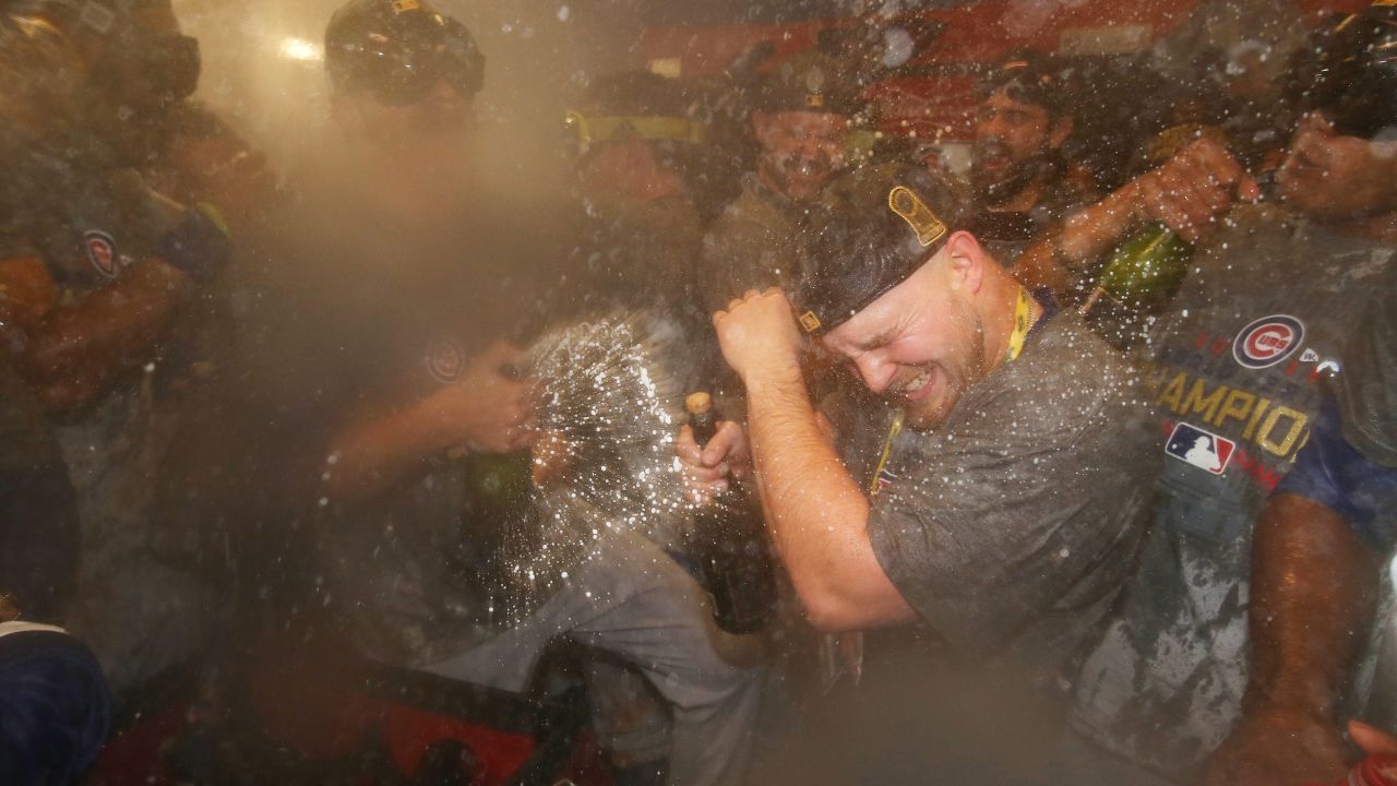 Chicago Cubs celebrate in the clubhouse after the game. Outfielder Ben Zobrist was named Series MVP.