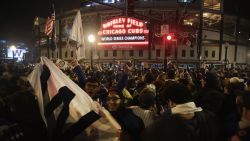 CHICAGO, IL - NOVEMBER 02:  Chicago Cubs fans celebrate outside Wrigley Field after the Cubs defeated the Cleveland Indians in game seven of the 2016 World Series on November 2, 2016 in Chicago, Illinois. The Cubs 8-7 victory landed them their first World Series title since 1908.  (Photo by Scott Olson/Getty Images)