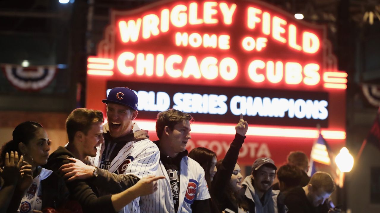 Cubs fans celebrate outside Wrigley Field. The street party in the Wrigleyville neighborhood of Chicago went late into the night.