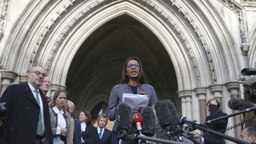 Business woman Gina Miller, one of the claimants who challenged plans for Brexit, speaks to the media outside the High Court in London, Thursday Nov. 3, 2016. In a major blow for Britain's government, the High Court ruled Thursday that the prime minister can't trigger the U.K.'s exit from the European Union without approval from Parliament. (AP Photo/Tim Ireland)