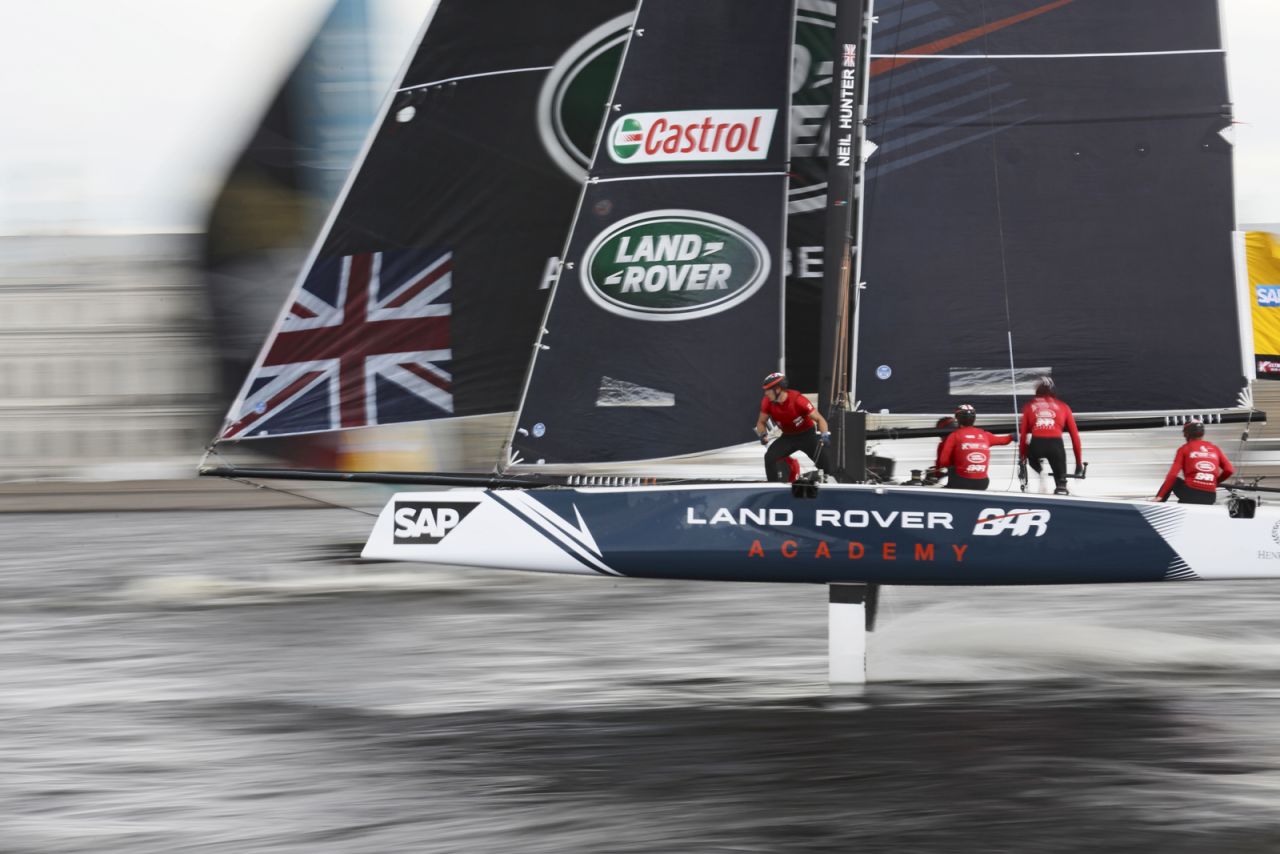 The Land Rover BAR team moving at high speed at the St Petersburg leg of the Extreme Sailing Series. Eugenia Bakunova froze the action.
