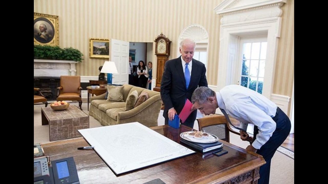 Biden <a href="https://www.instagram.com/p/BIu8Z4JDPAL/?hl=en" target="_blank" target="_blank">surprises Obama</a> on his birthday in August 2016.