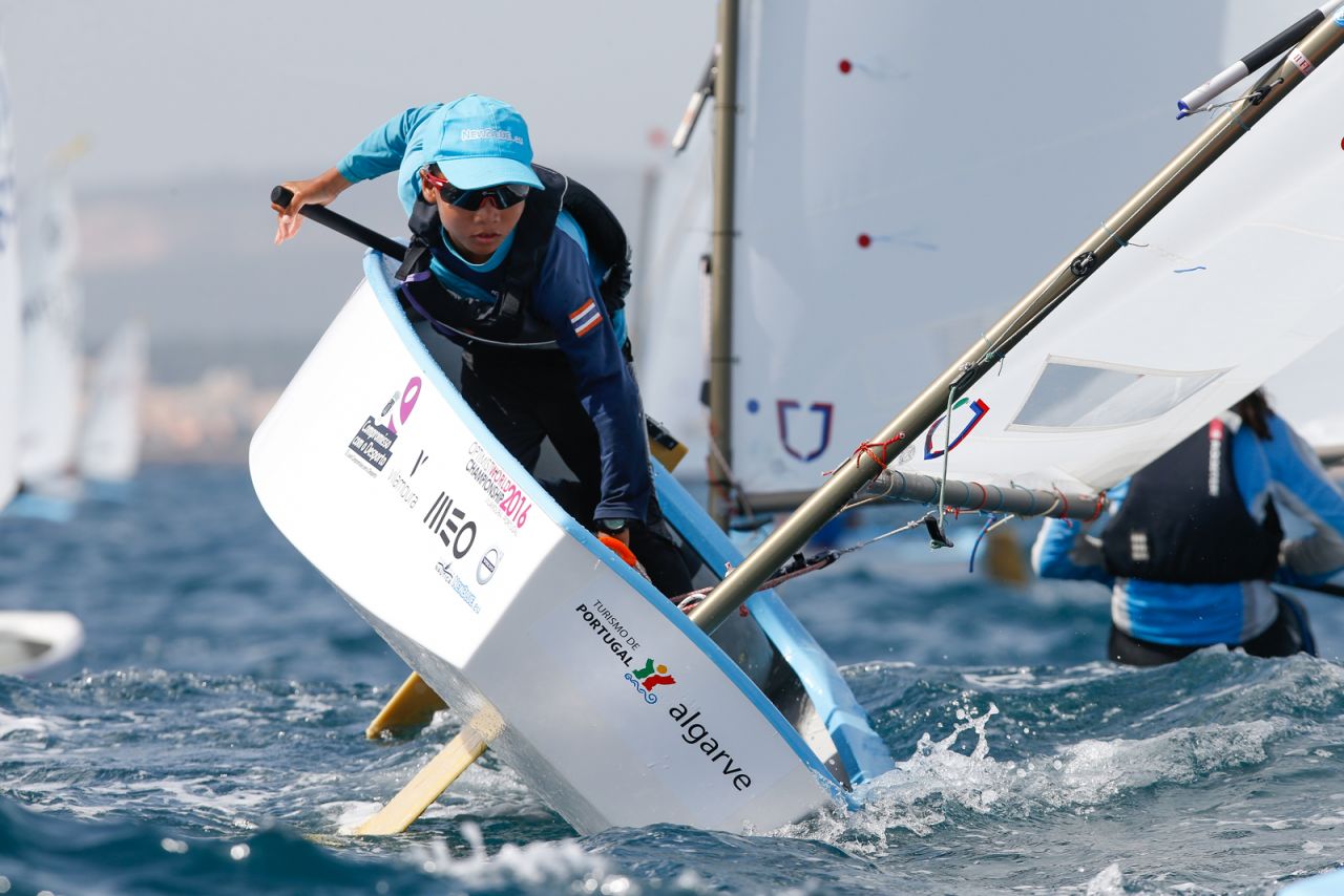 Thai competitor Yongyuennarn Jedtavee is photographed by Matias Capizzno at the Optimist Worlds in Vilamoura, Portugal.