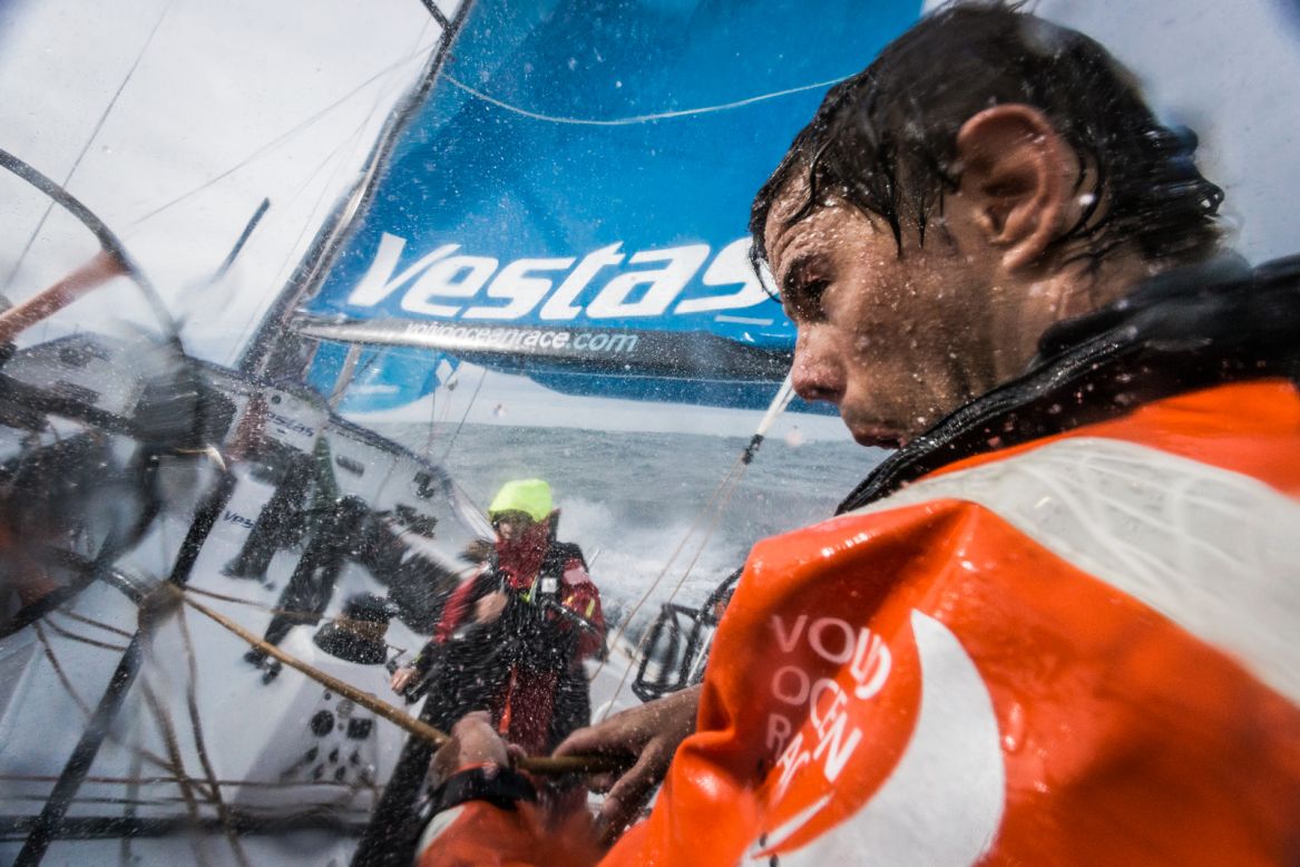 A sailor on board Vestas Wind is shot by Brian Carlin in France's Bay of Biscay during leg one of the Volvo Ocean Race.