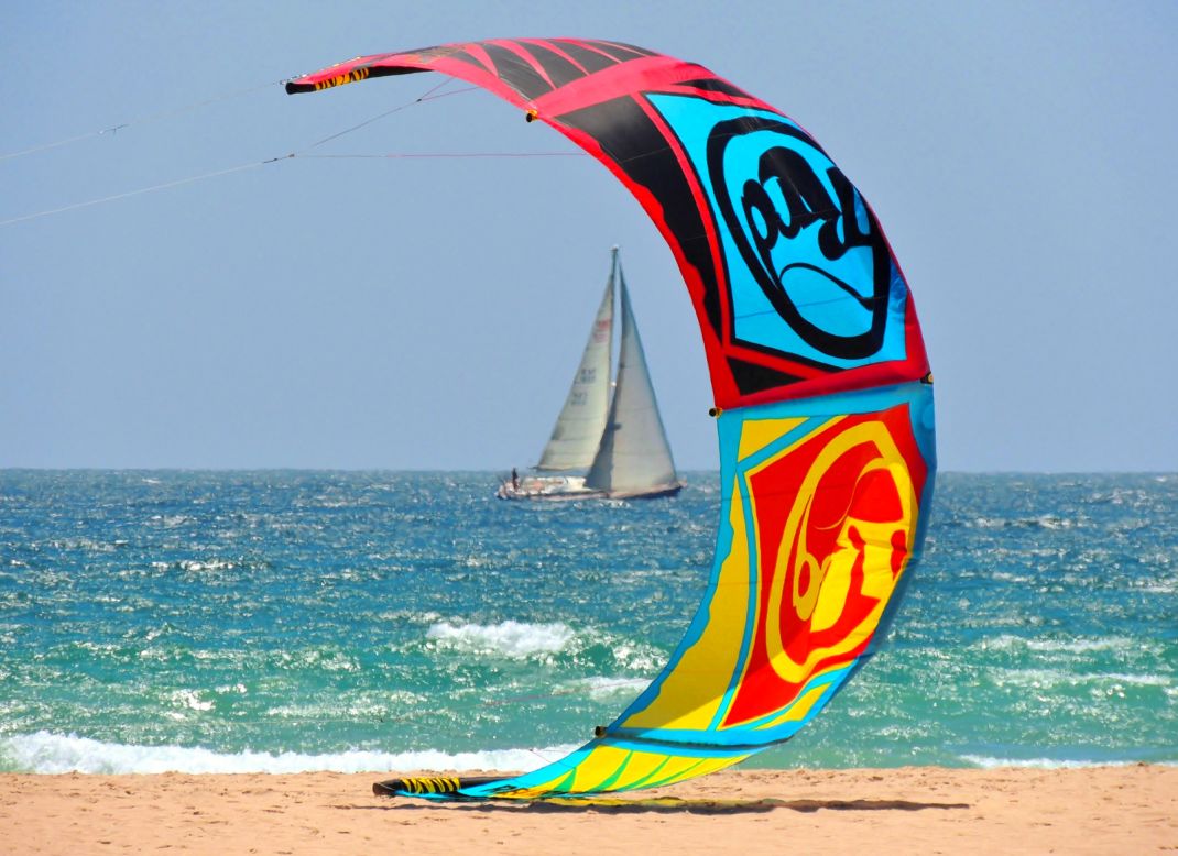 The vessel Puerto de Indias is pictured in the arc of a kite by the photographer Monica Diaz in Tarifa, Spain.