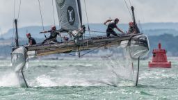 A foiling AC catamaran looks set for take-off during the LVAVWS Portsmouth, Sam Kurtul catching the moment head on.