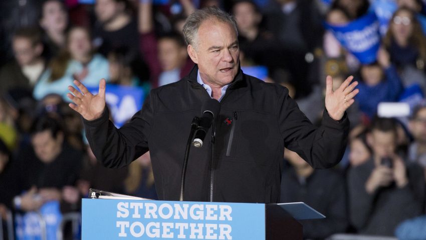 Democratic vice presidential candidate Tim Kaine introduces presidential candidate Hillary Clinton at a rally in Philadelphia, Pennsylvania on October 22, 2016.