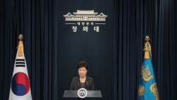 South Korea's President Park Geun-Hye speaks during an address to the nation at the presidential Blue House in Seoul on November 4, 2016.
Park on November 4 agreed to submit to questioning by prosecutors investigating a corruption scandal engulfing her administration, accepting that the damaging fallout was "all my fault". / AFP / POOL / Ed JONES AND Ed Jones        (Photo credit should read ED JONES/AFP/Getty Images)