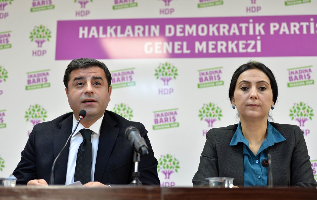 Co-chairs of the pro-Kurdish People's Democratic Party (HDP) Selahattin Demirtas, left, and Figen Yuksekdag.