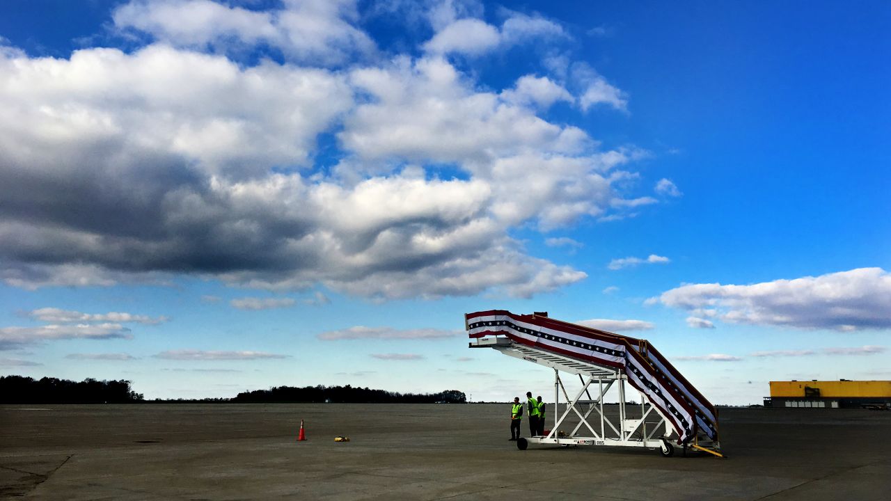 Ground crews await Trump's arrival for a rally in Wilmington, Ohio, on November 4.